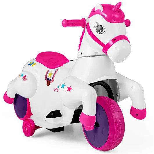 12V Unicorn Ride on Toy with Training Wheels and Horse Riding Mode-Rose Red - Co