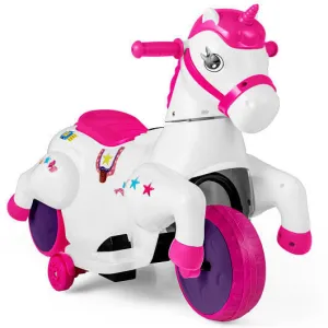 12V Unicorn Ride on Toy with Training Wheels and Horse Riding Mode-Rose Red - Co