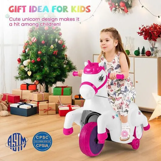 12V Unicorn Ride on Toy with Training Wheels and Horse Riding Mode-Rose Red - Co