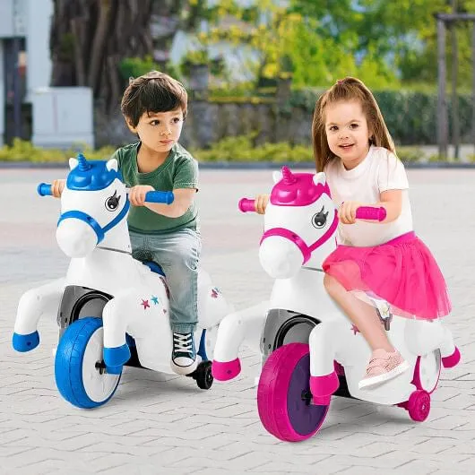 12V Unicorn Ride on Toy with Training Wheels and Horse Riding Mode-Rose Red - Co