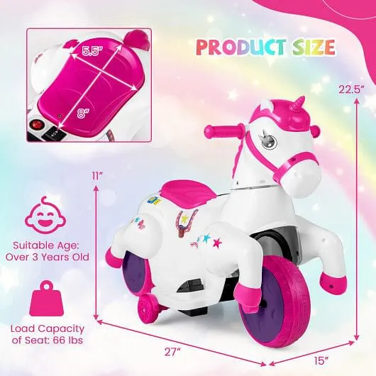 12V Unicorn Ride on Toy with Training Wheels and Horse Riding Mode-Rose Red - Co
