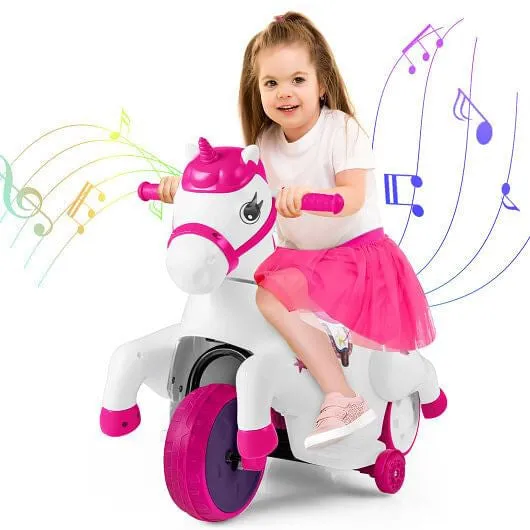 12V Unicorn Ride on Toy with Training Wheels and Horse Riding Mode-Rose Red - Co