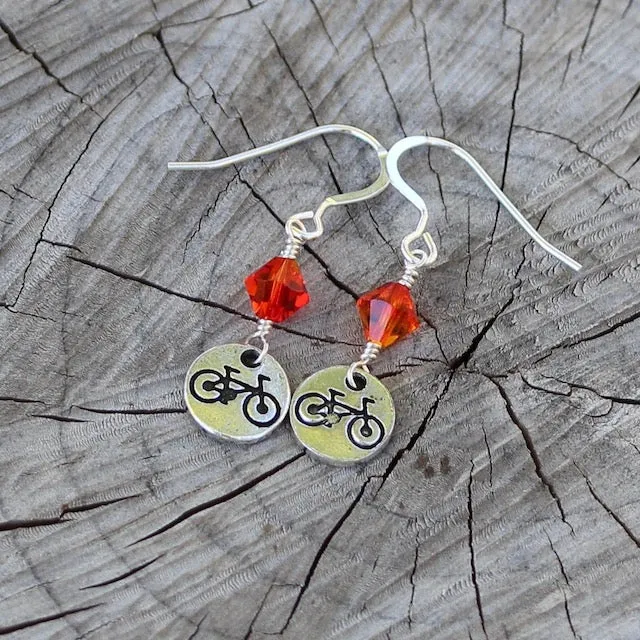 Adventure series bike charm earrings with Swarovski crystals and natural stones