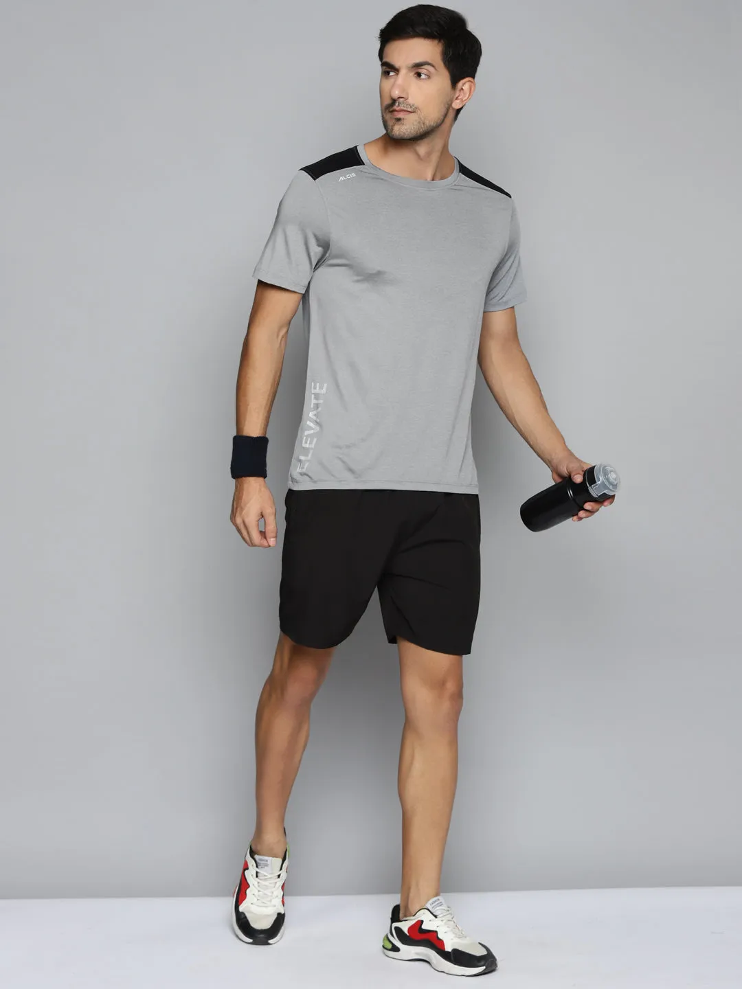 ALCIS Men Charcoal & Black Colourblocked Slim Fit Running T-shirt