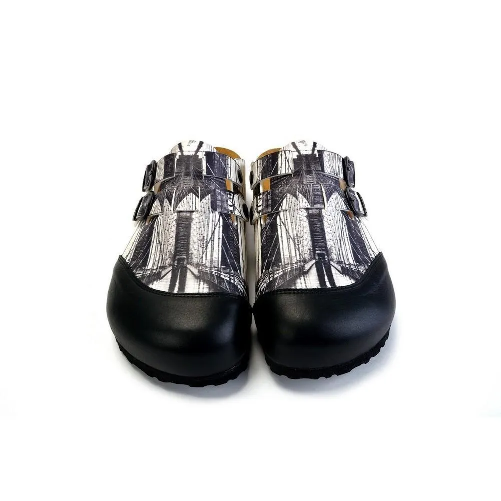 Black and White, Brooklyn Bridge Patterned Clogs - CAL1702