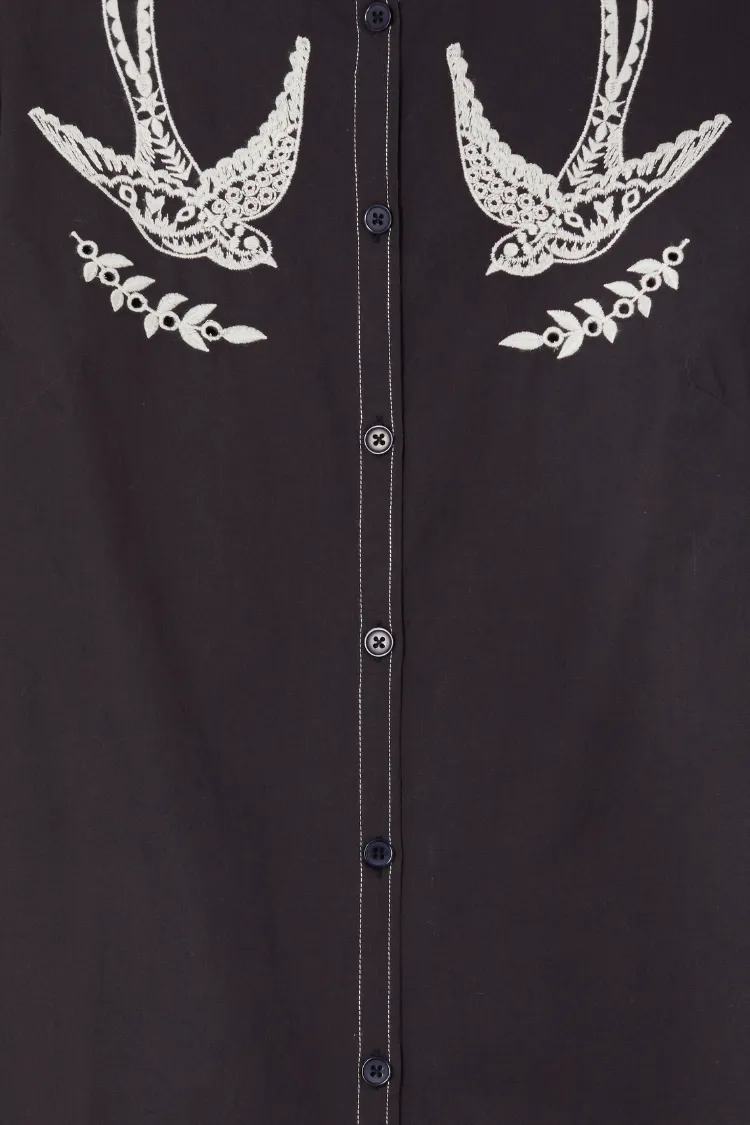 Black Embroidered Swallow Romance Mini Dress