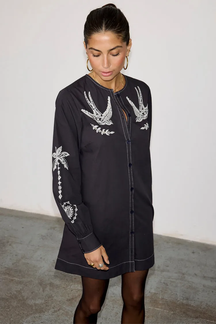 Black Embroidered Swallow Romance Mini Dress