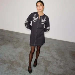 Black Embroidered Swallow Romance Mini Dress