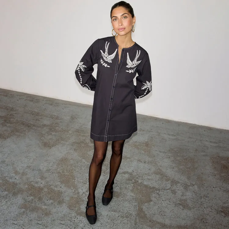 Black Embroidered Swallow Romance Mini Dress