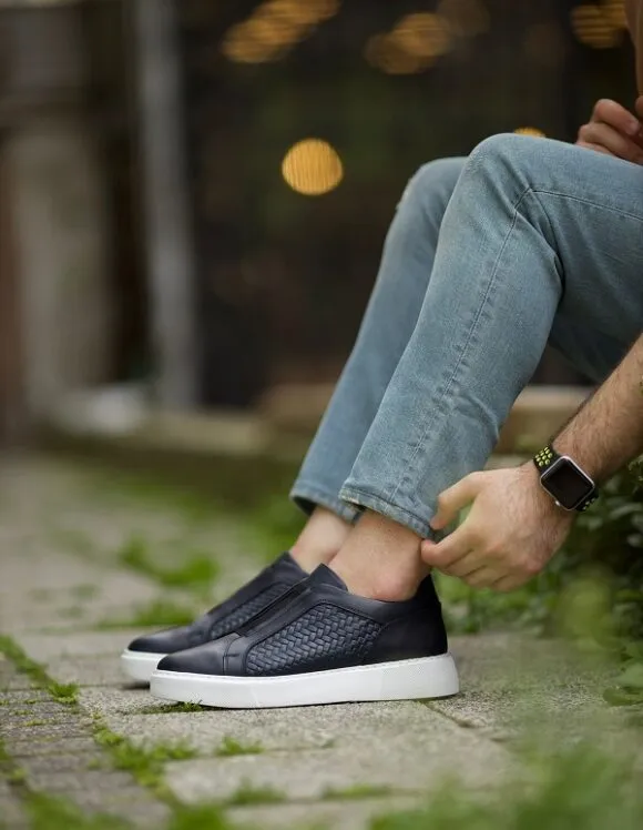 Blue Laceless Woven Slip-On Sneakers