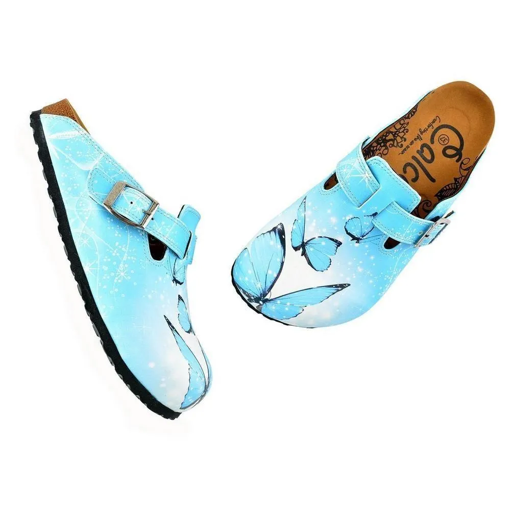 Bright Blue Sky and Black Butterflied Patterned Clogs - WCAL361