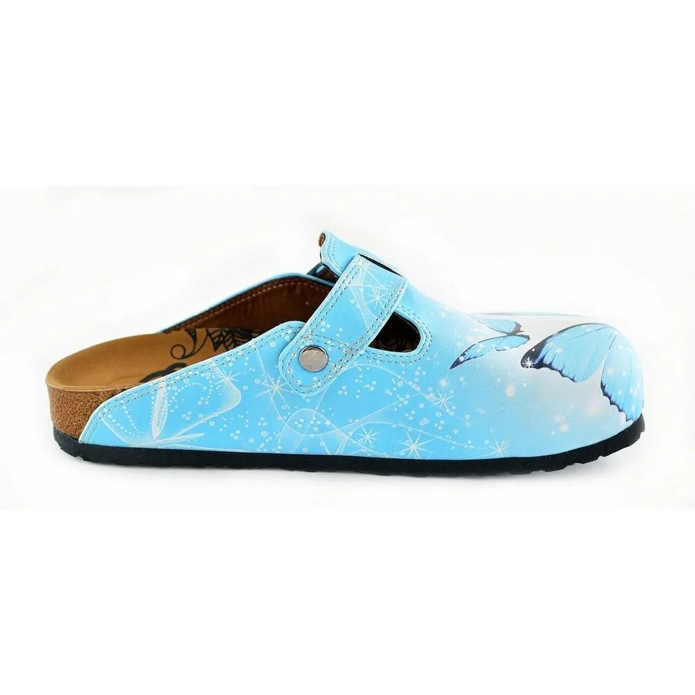 Bright Blue Sky and Black Butterflied Patterned Clogs - WCAL361