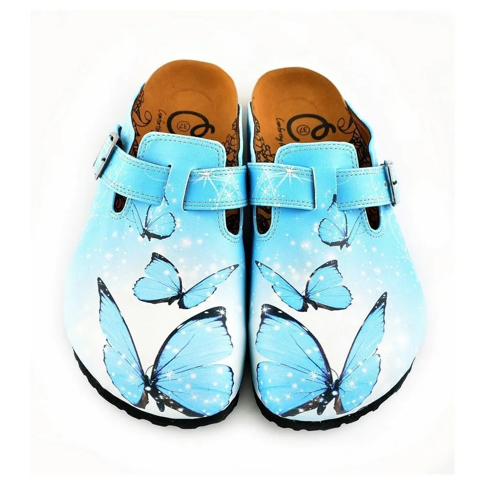 Bright Blue Sky and Black Butterflied Patterned Clogs - WCAL361