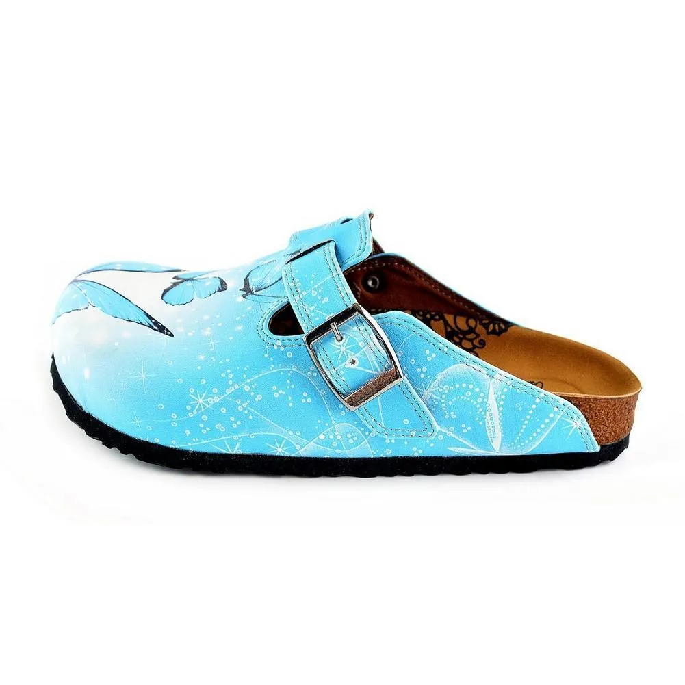 Bright Blue Sky and Black Butterflied Patterned Clogs - WCAL361