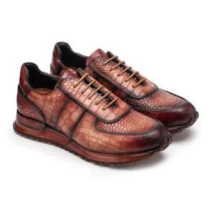 Brown  Alligator  Low Top Lace Up Running Chunky Trainer Sneakers With White Sole - Sneaker Shoes