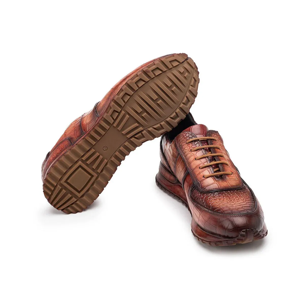 Brown  Alligator  Low Top Lace Up Running Chunky Trainer Sneakers With White Sole - Sneaker Shoes