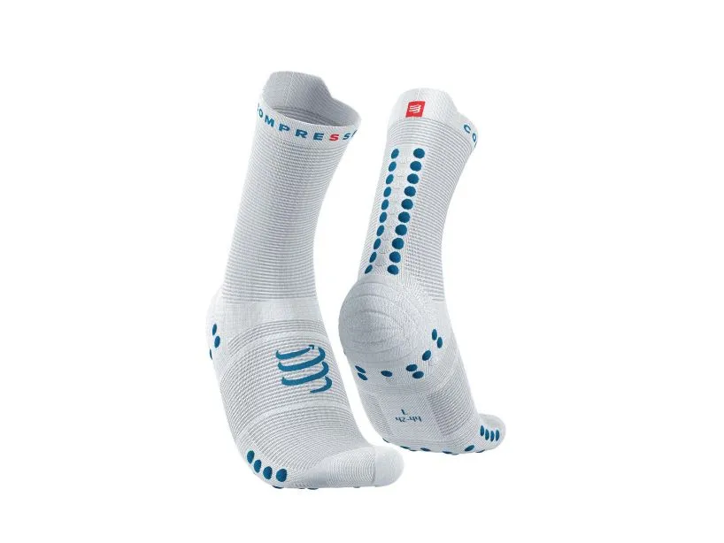 Compressport Unisex's Pro Racing Socks v4.0 Run High - White/Fjord Blue