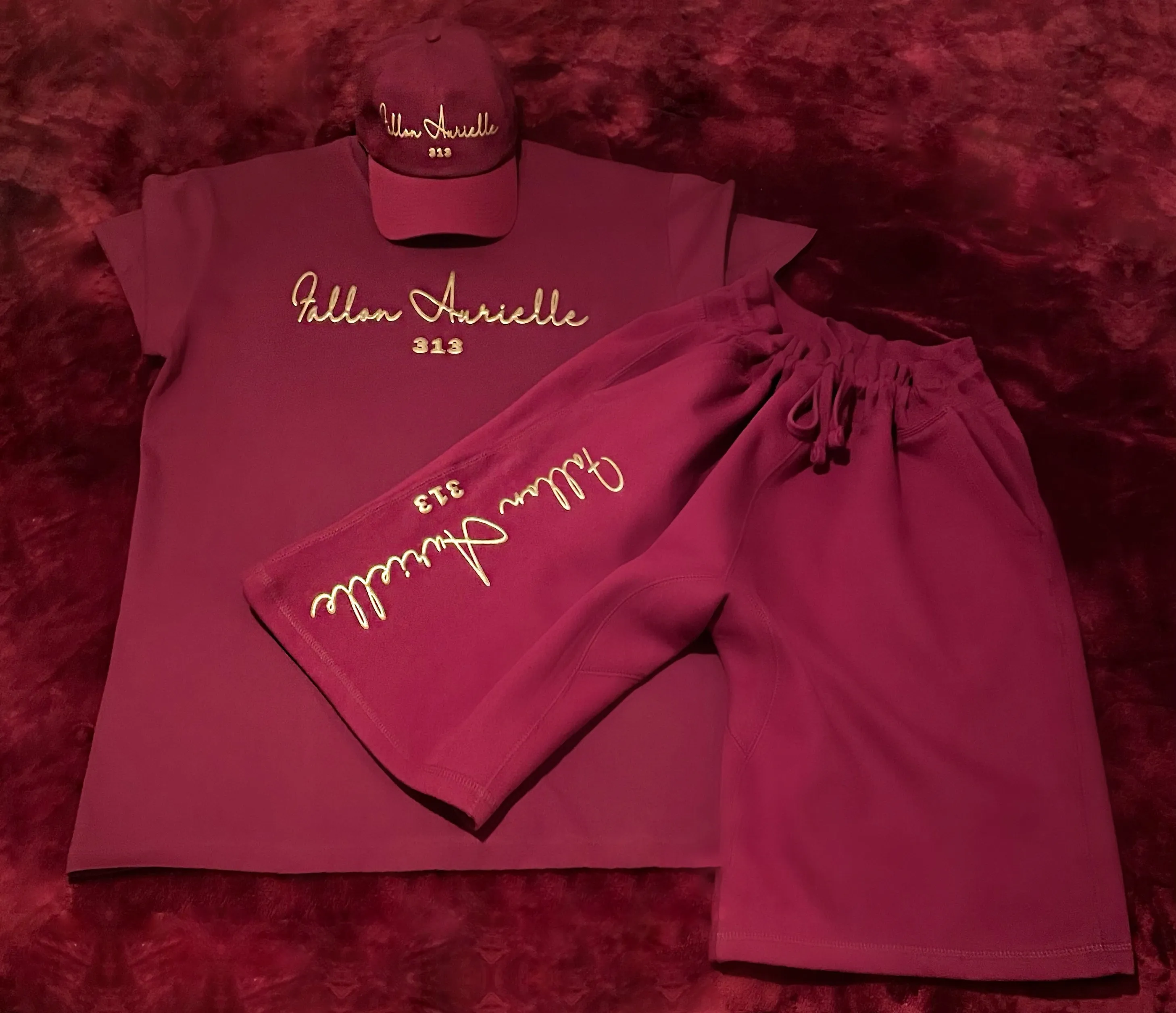 Fallon Aurielle Unisex Signature 3 Piece 313 Rep Yo Set Area Code Short Set (Burgundy & Gold)