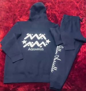Fallon Aurielle Unisex Signature Aquarius Logo & Name Zodiac Jogging Set (Navy Blue & White)