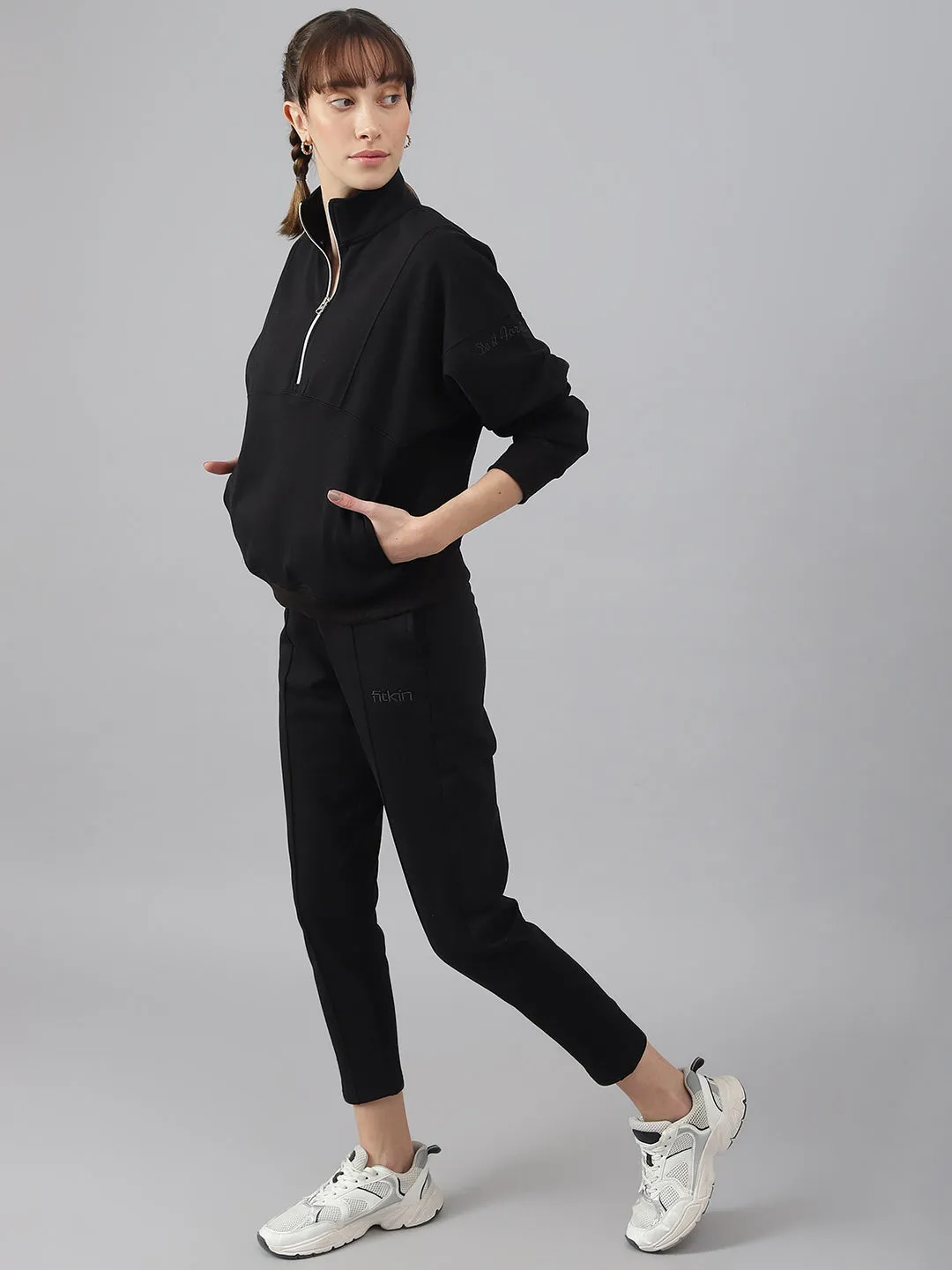 Fitkin Women Black Straight Fit Fleece Pants
