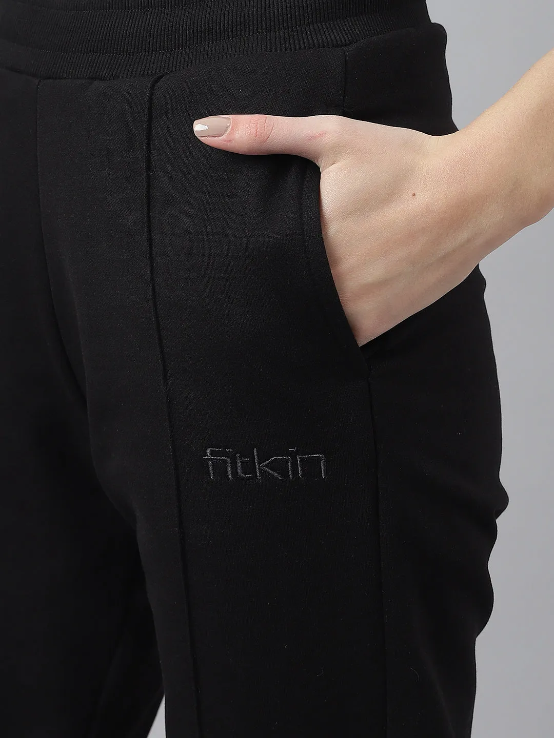 Fitkin Women Black Straight Fit Fleece Pants