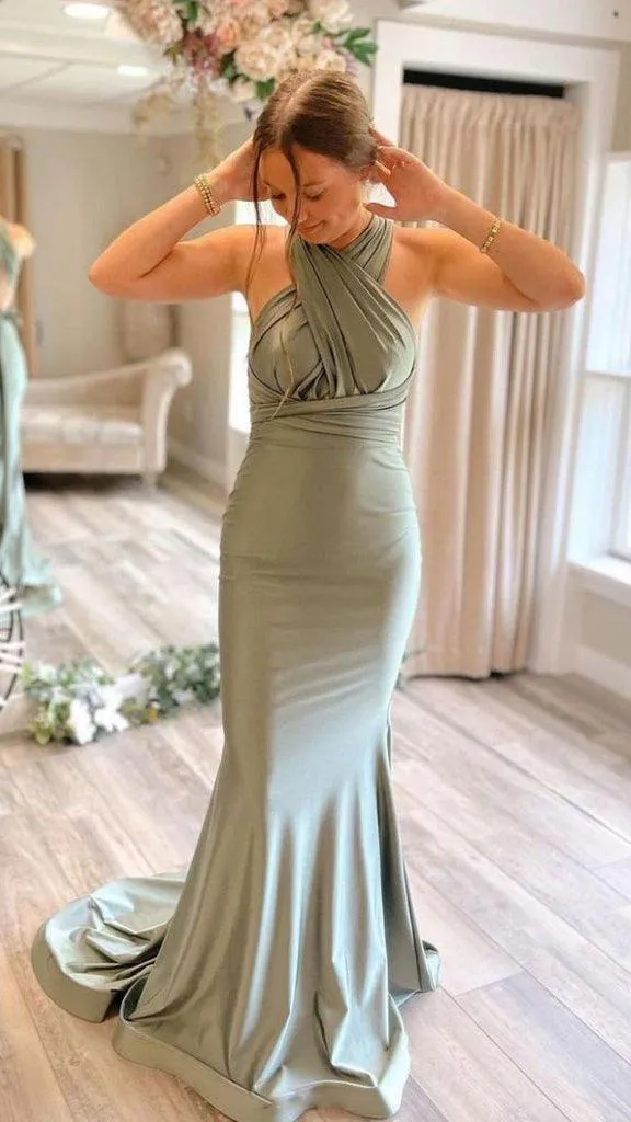Gray Green Mermaid Satin Long Prom Dress Evening Dress TP1028