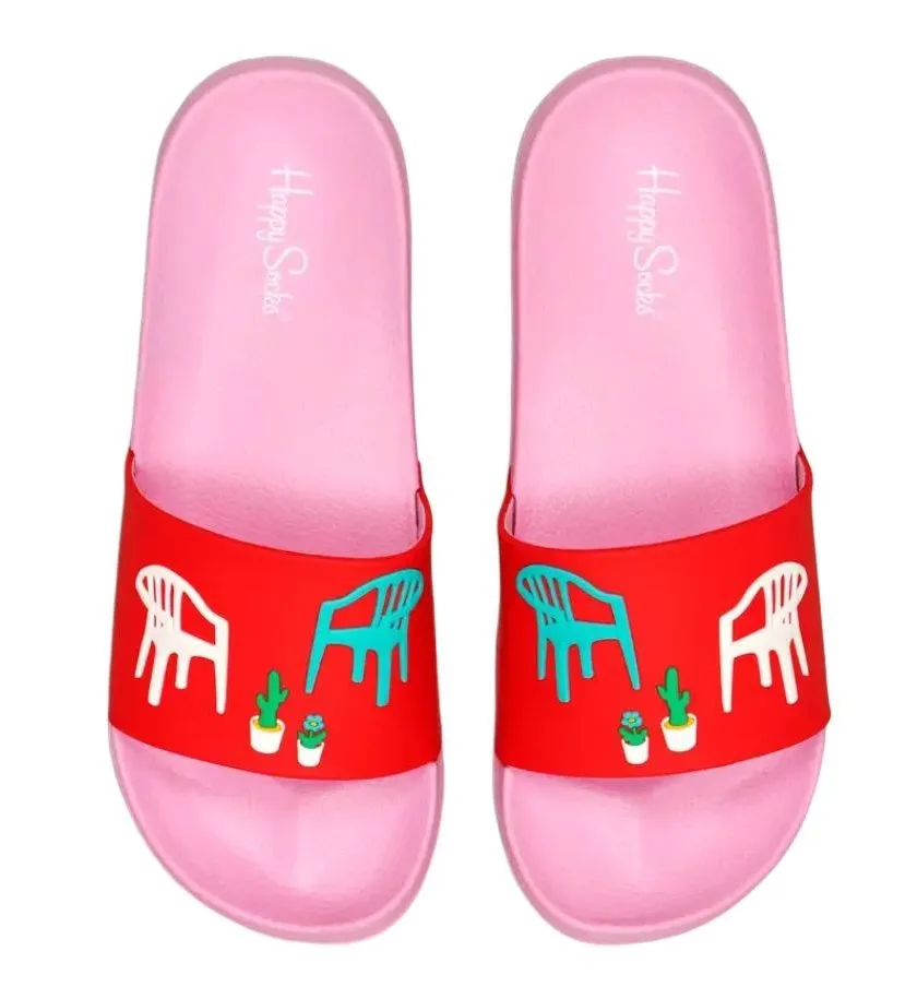 HAPPY SOCKS Men's Pink Balcony Chairs Comfortable Slides Size 11 NWT