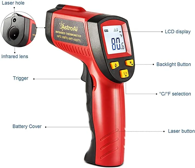 Innovative Infrared Technology makes it safer and easier to measure the surface temperature of various objects, ideal for cooking, barbequing, auto and home repairs, commercial heating, air conditioning and so on.
