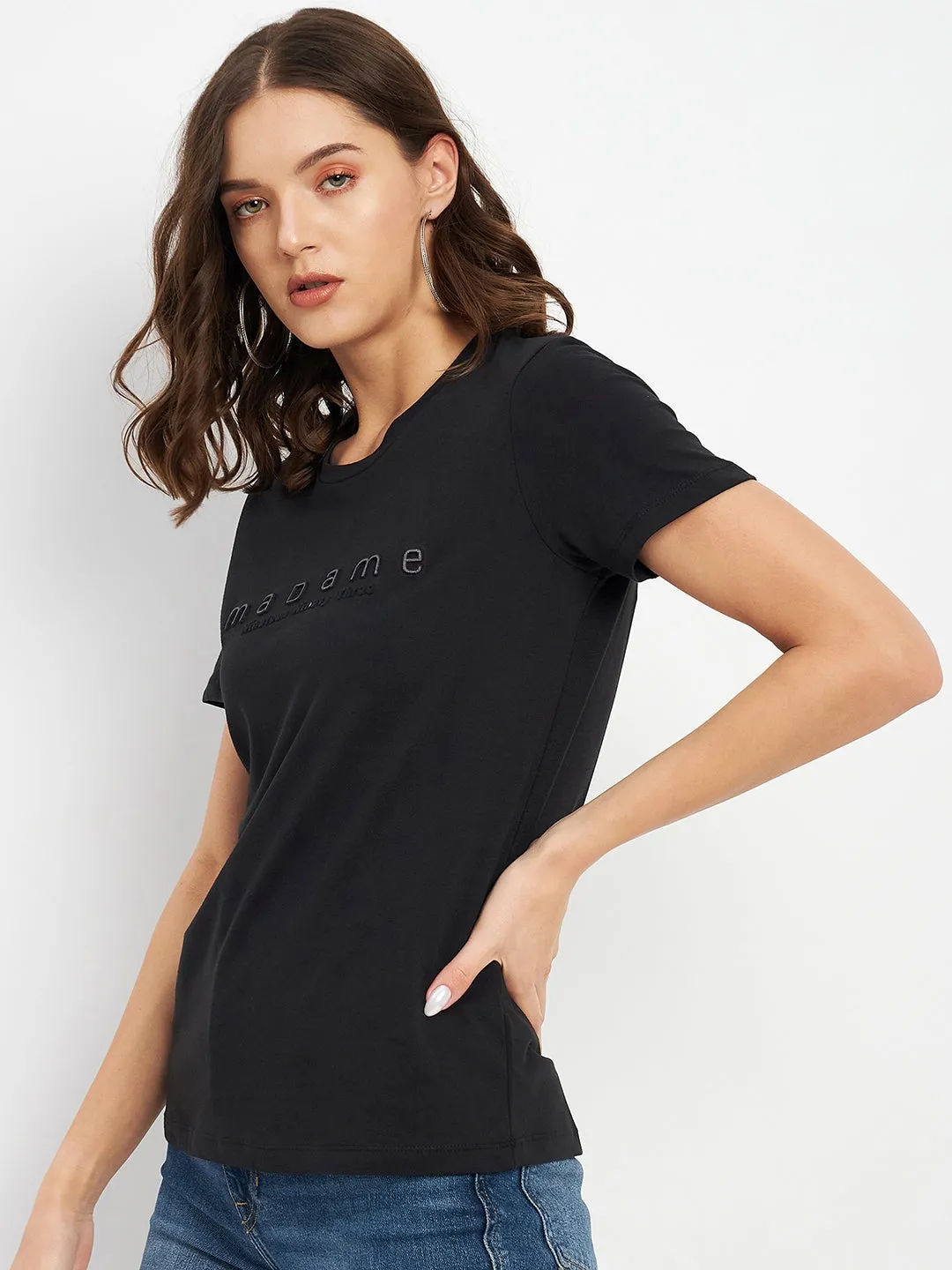 Madame Black Crew Neckline Typography Tshirt