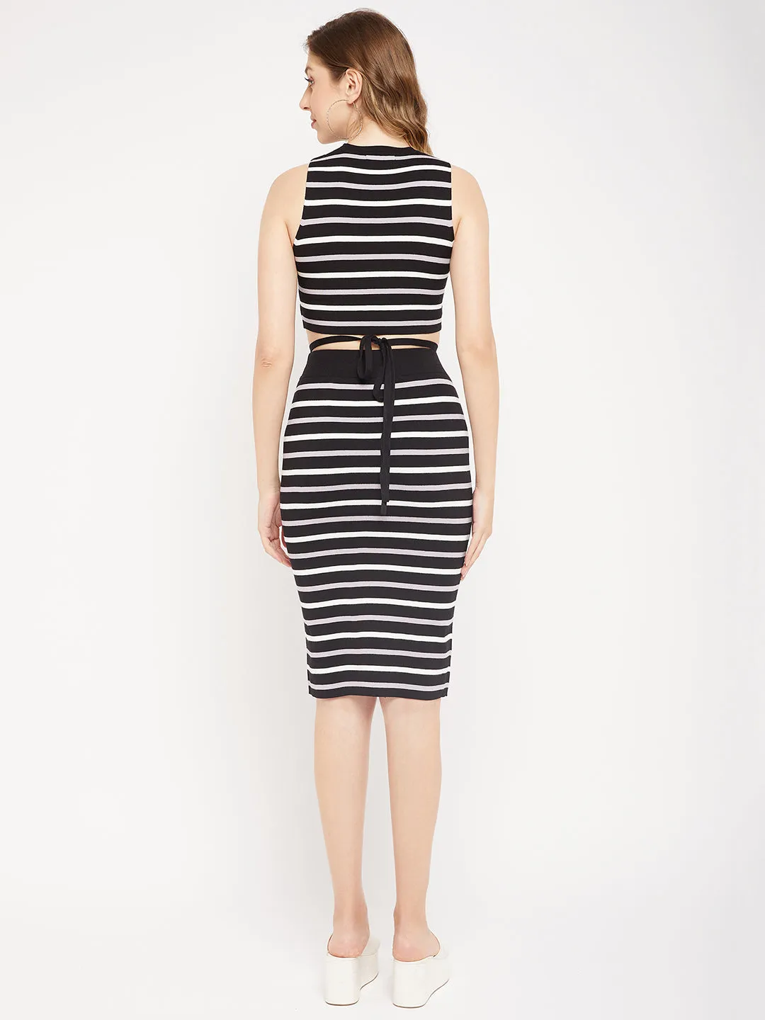 Madame Black Striped Tie-Up Detail Co-Ord Set