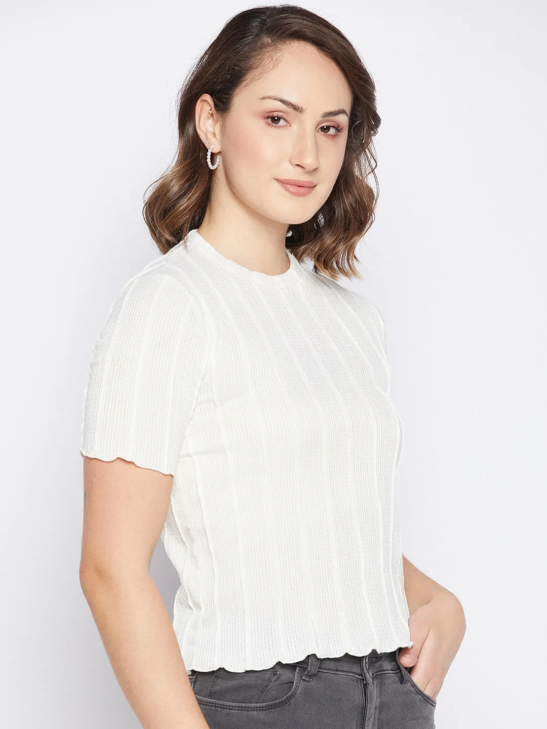 Madame Round Neck Off White Textured Top