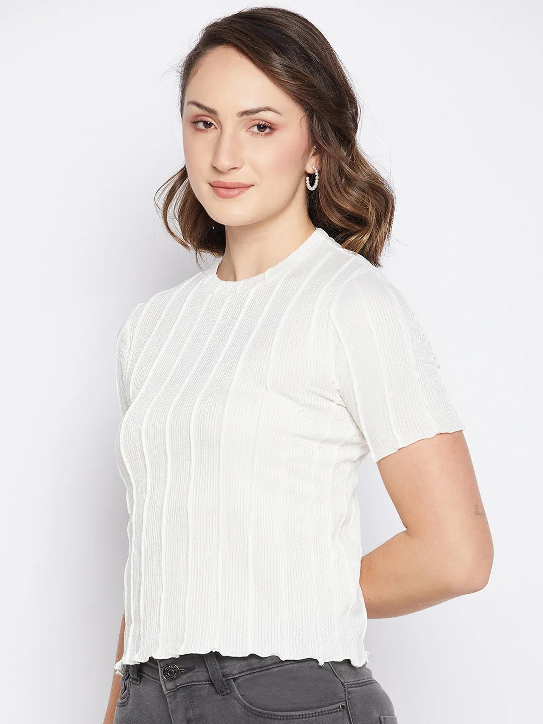 Madame Round Neck Off White Textured Top