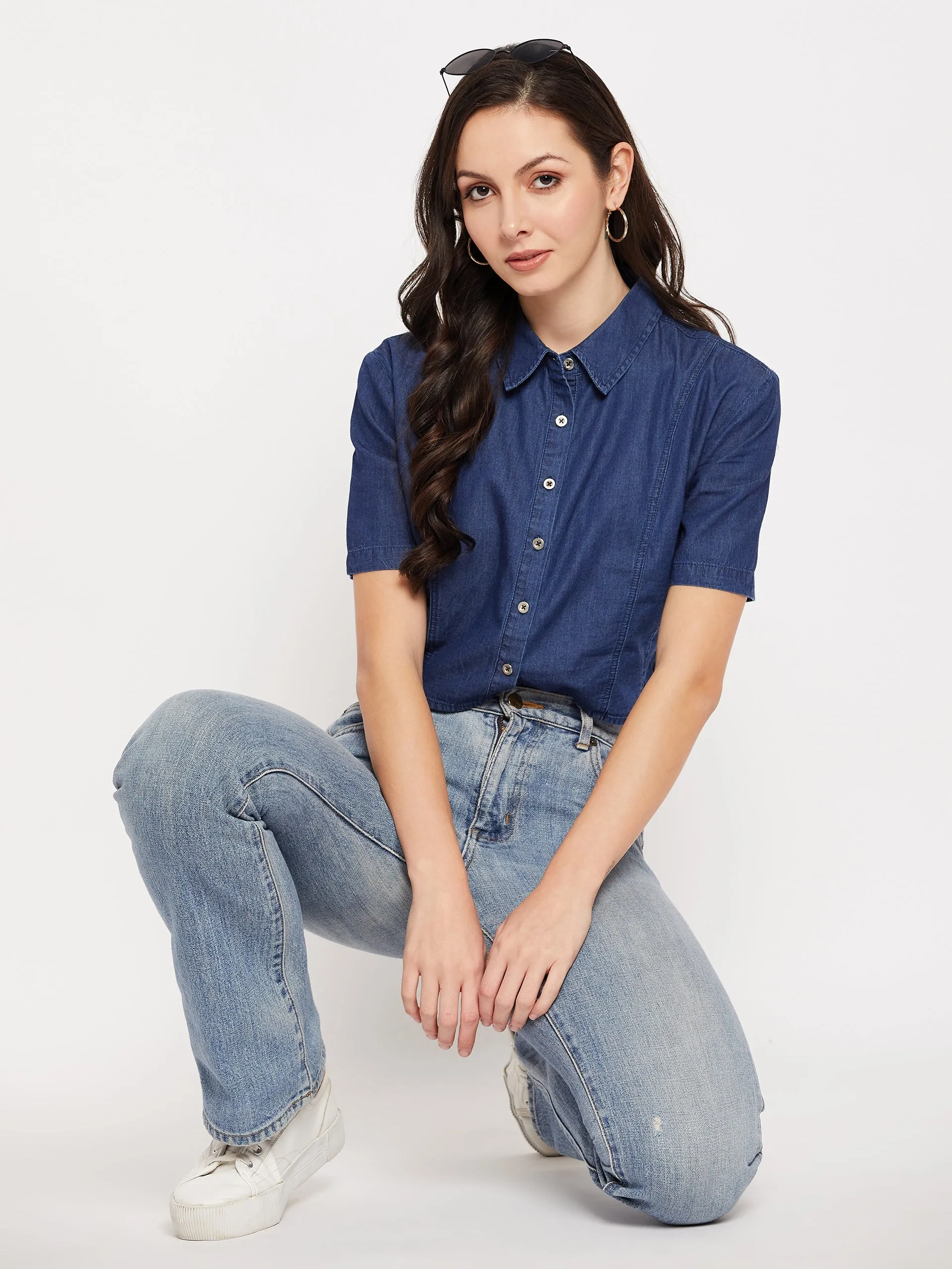 Madame Shirt Collar Denim Crop Top