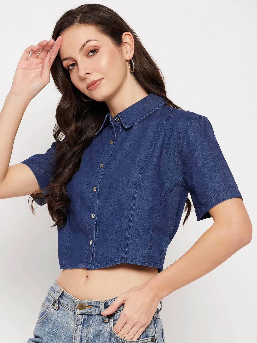 Madame Shirt Collar Denim Crop Top