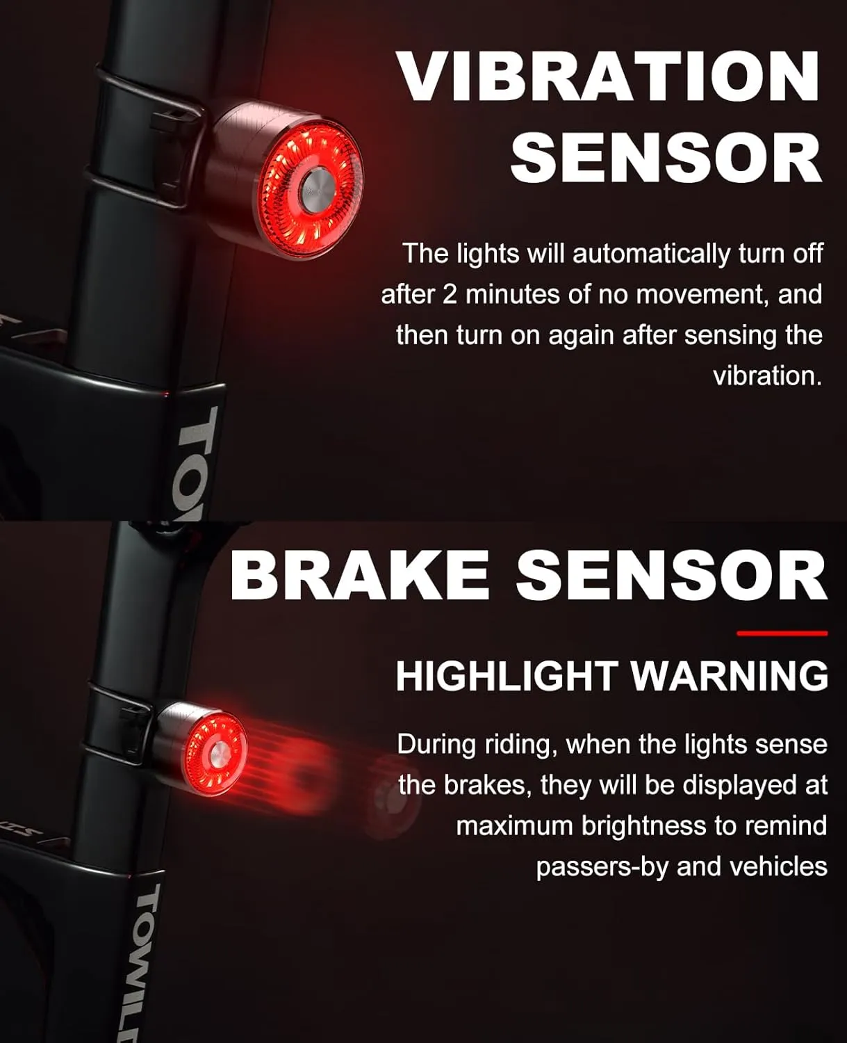 New TOWILD TL05 Bike Tail Light Smart Brake Sensing Bike Rear Lights,Type-C Cable Waterproof Bicycle Back Lights Led Rechargeable Auto On/Off Flash Strobe Safety Red Taillight for Road Cycling Commuting