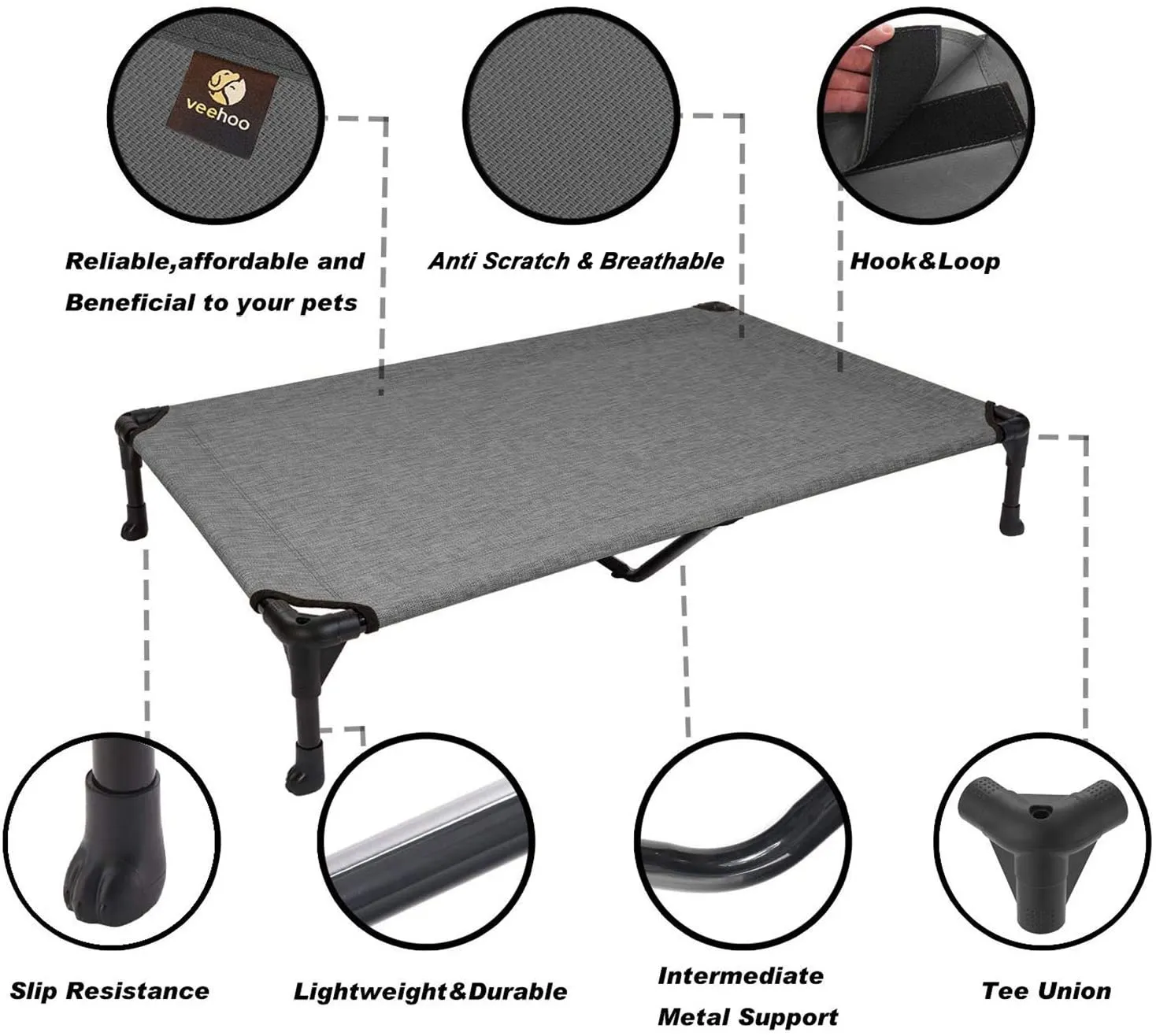 New Veehoo Elevated Dog Bed, Portable Raised Pet Cot with Washable & Breathable Mesh, No-Slip Rubber Feet for Indoor & Outdoor Use, X Large, Silver Grey