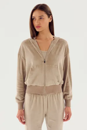 Rhys Velour Zip Up Hoodie - Latte