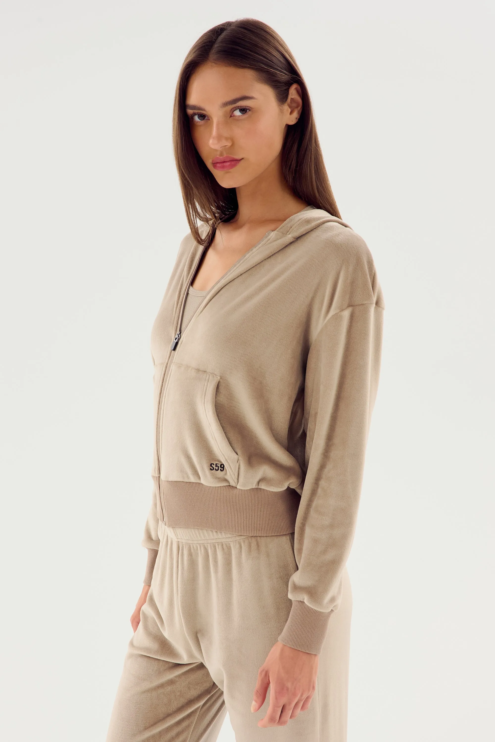 Rhys Velour Zip Up Hoodie - Latte