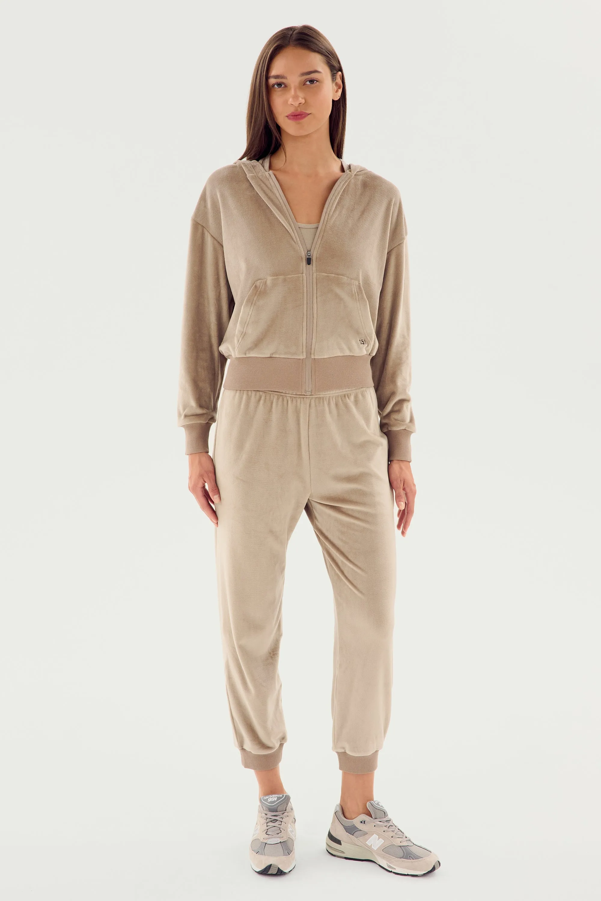 Rhys Velour Zip Up Hoodie - Latte