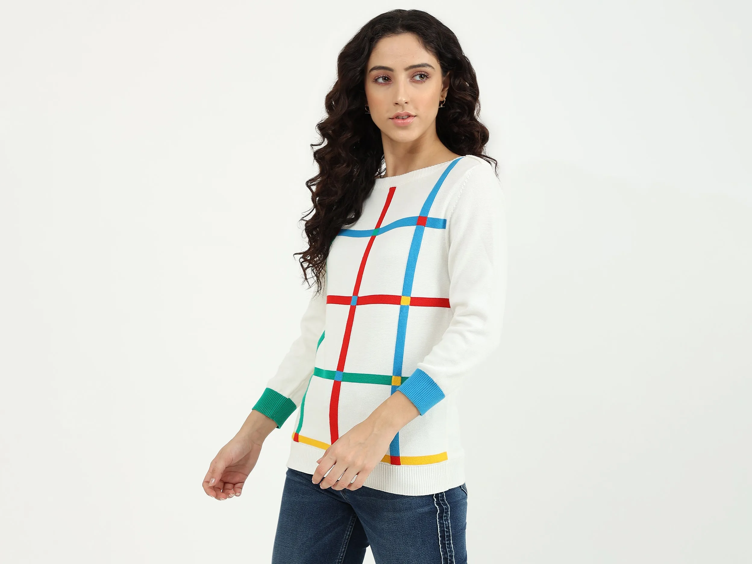 Slim Fit Boat Neck Check Sweater
