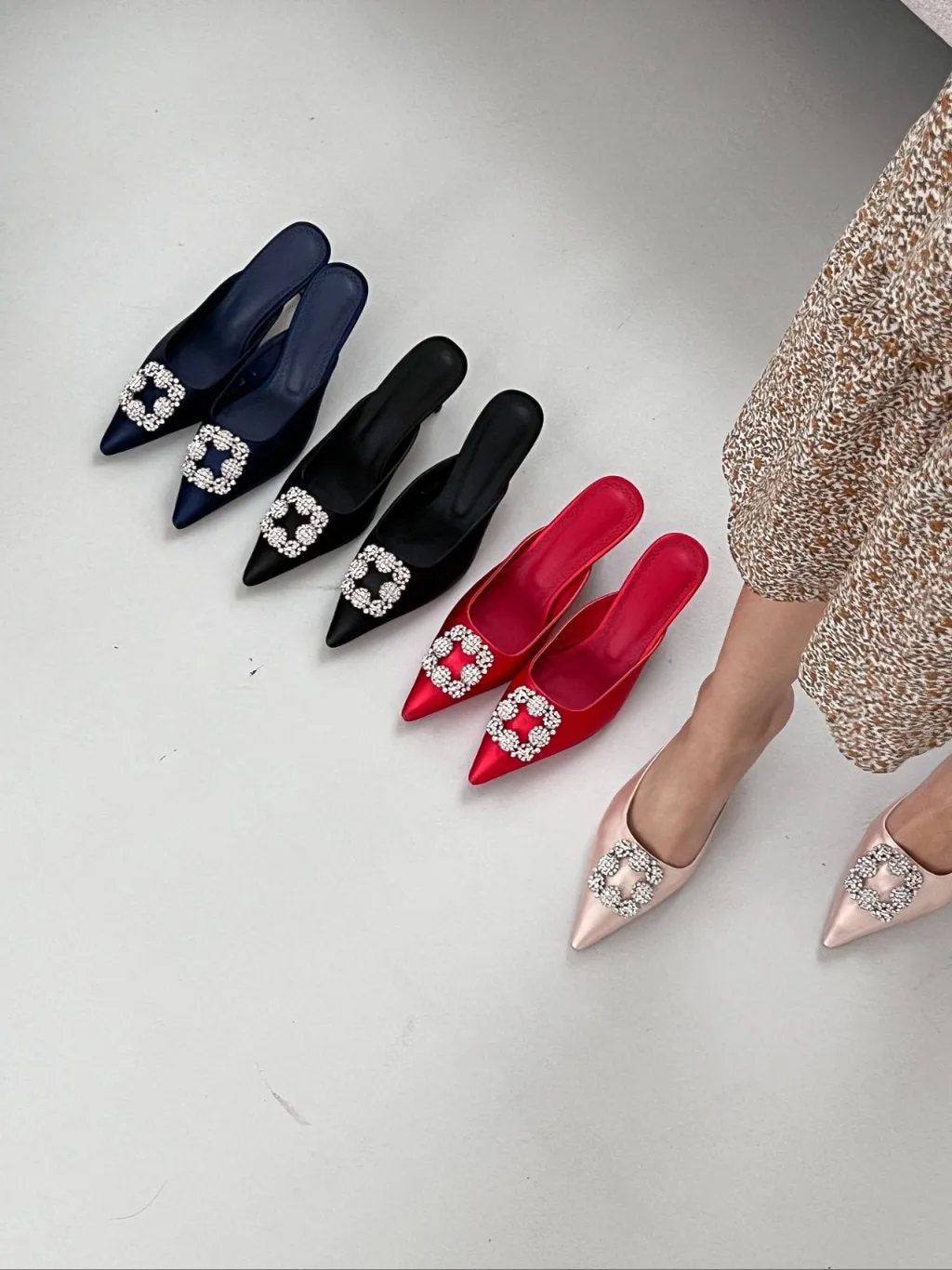 Square Buckle Satin Mule