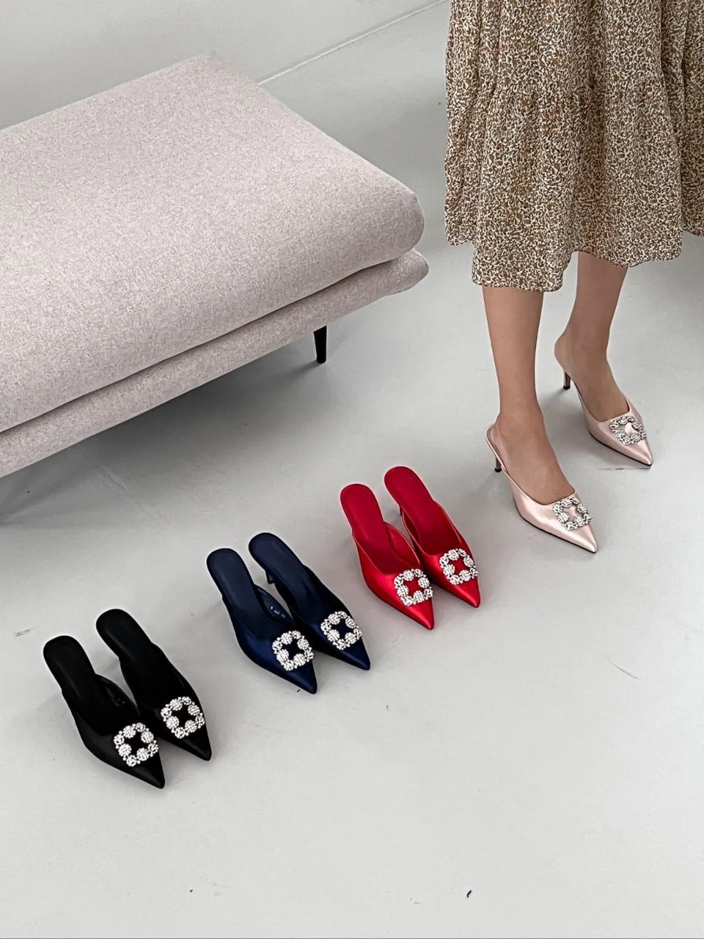 Square Buckle Satin Mule