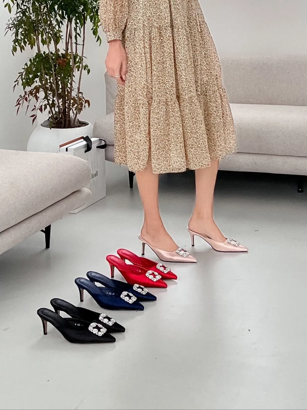 Square Buckle Satin Mule