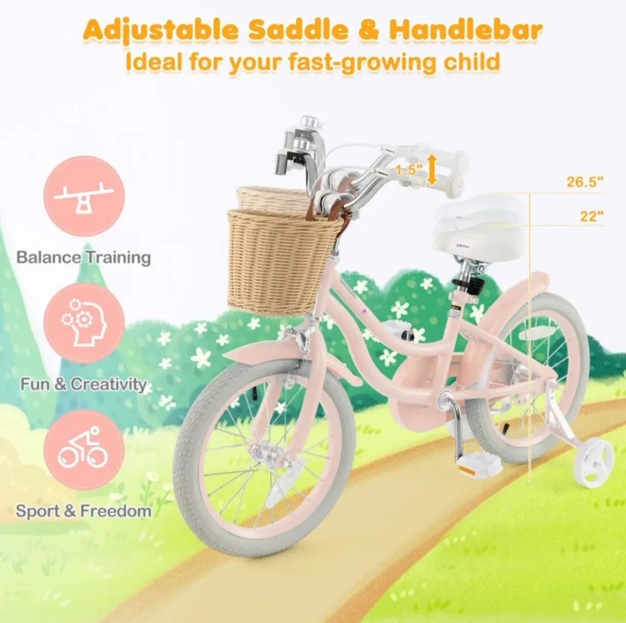 Super Awesome & Fun Retro 16” Children’s Pedal Bicycle Bike Adjustable Handle, Seat | Ages 4-7 | Basket | Bell | Comfy Seat | Heavy Duty Tires
