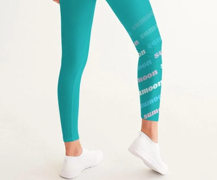 teal large text logo mid-rise leggings