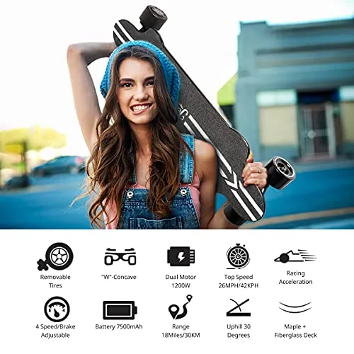 Teamgee H20 39" Electric Skateboard with Remote, 1200W Dual Motors, 18Miles Ranges, 26MPH Top Speed, 4 Speed Adjustment Longboards Skateboard Designed for Teens and Adults (7500mAh)