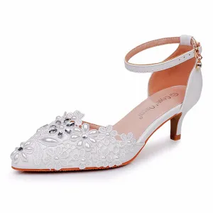 White Lace And Rhinestone Pointed Toe Wedding Shoes