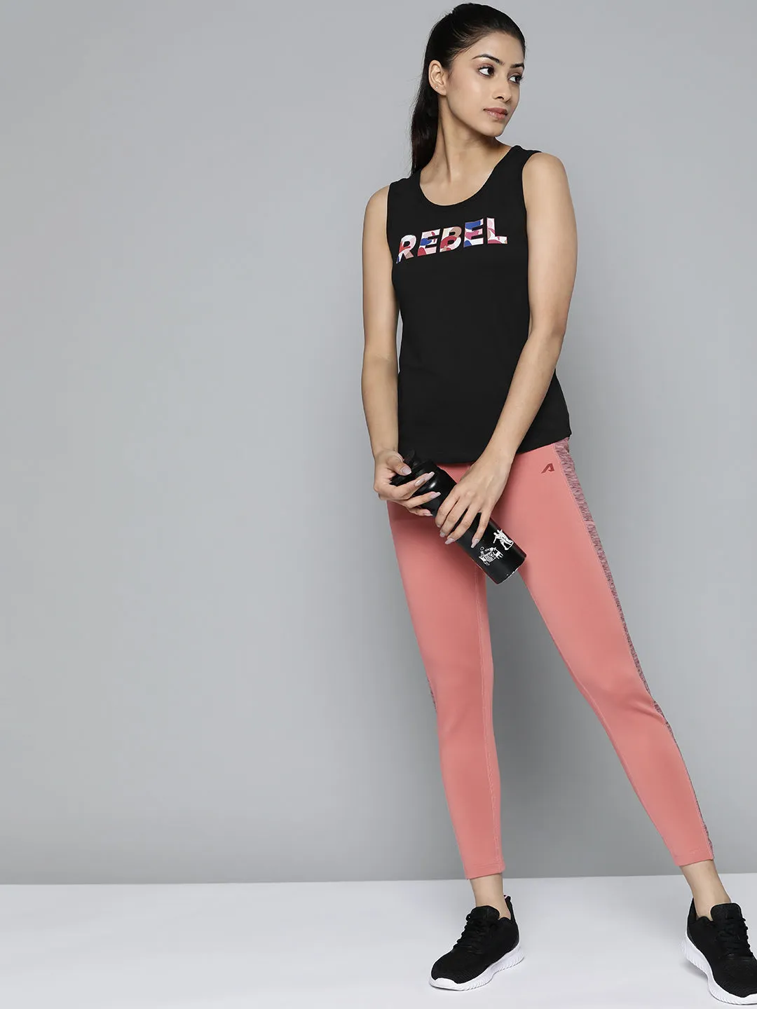 Women Black Typography Printed Slim Fit Training or Gym T-shirt