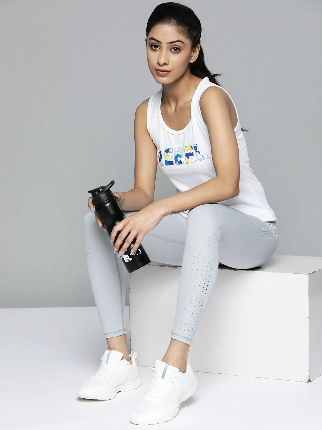 Women White Typography Printed Slim Fit Training or Gym T-shirt