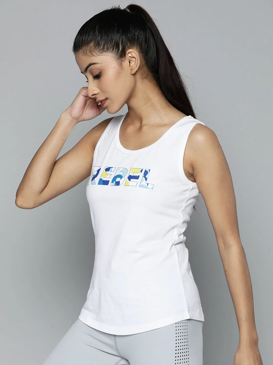 Women White Typography Printed Slim Fit Training or Gym T-shirt